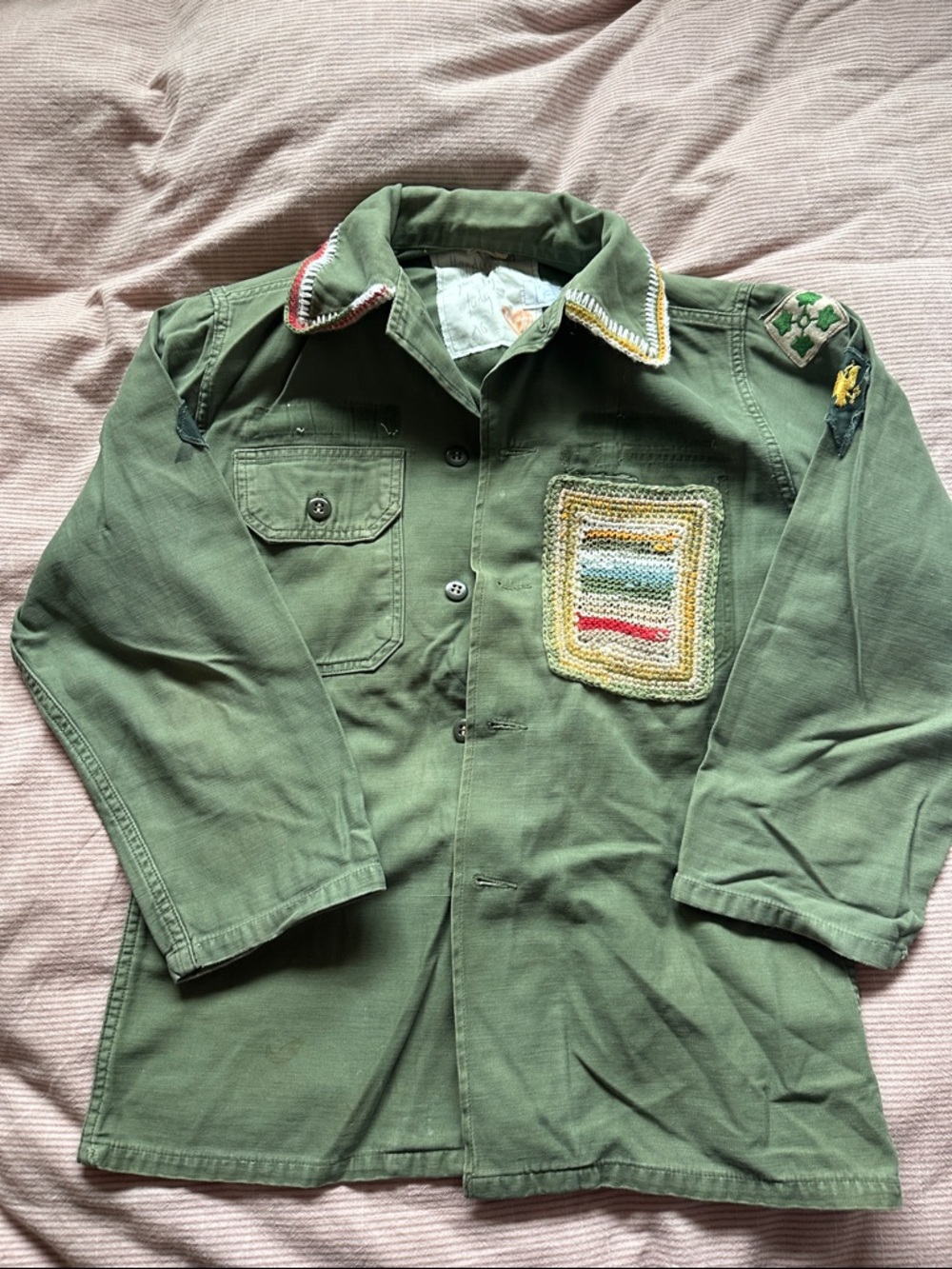 Green Military-Style Patchwork Jacket with Crochet Patch